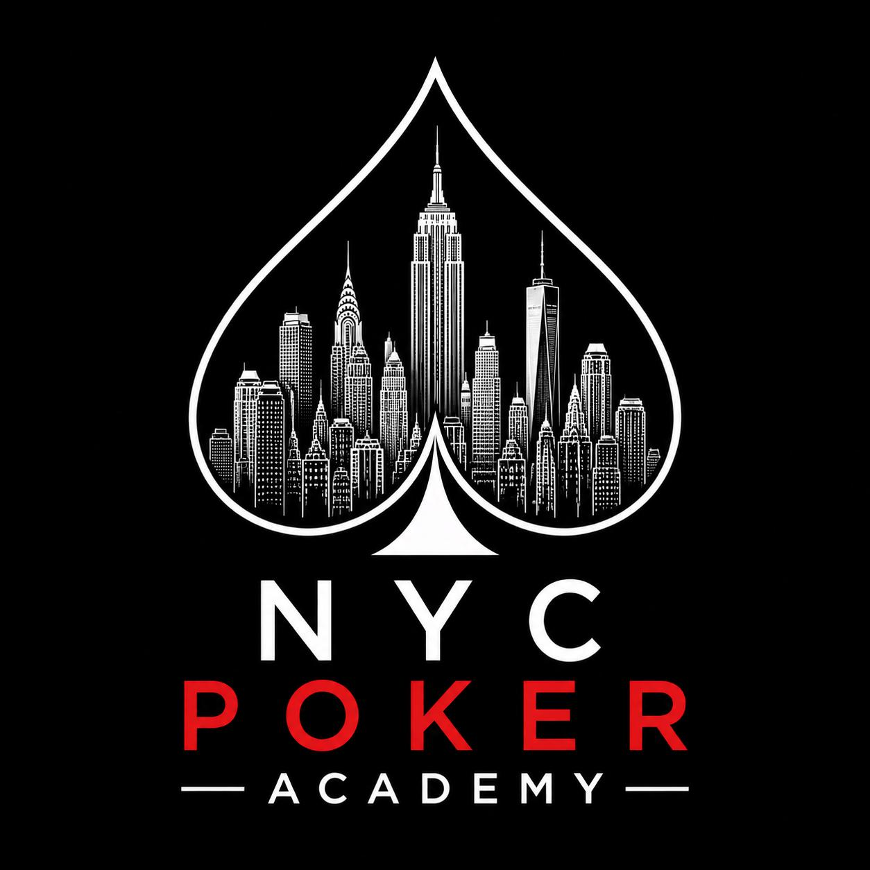 NYC Poker Academy logo featuring the Manhattan skyline inside a spade